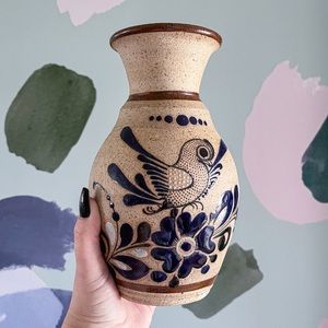 Tonala Netzi Mexican Folk Art Sandstone Pottery Vase Bird Floral Motif Vase VTG